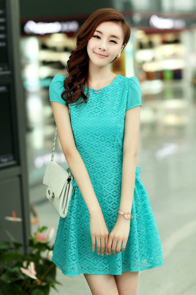 欧亚服饰 a9141 夏季新款雪纺连衣裙 韩版修身显瘦泡泡袖镂空短群