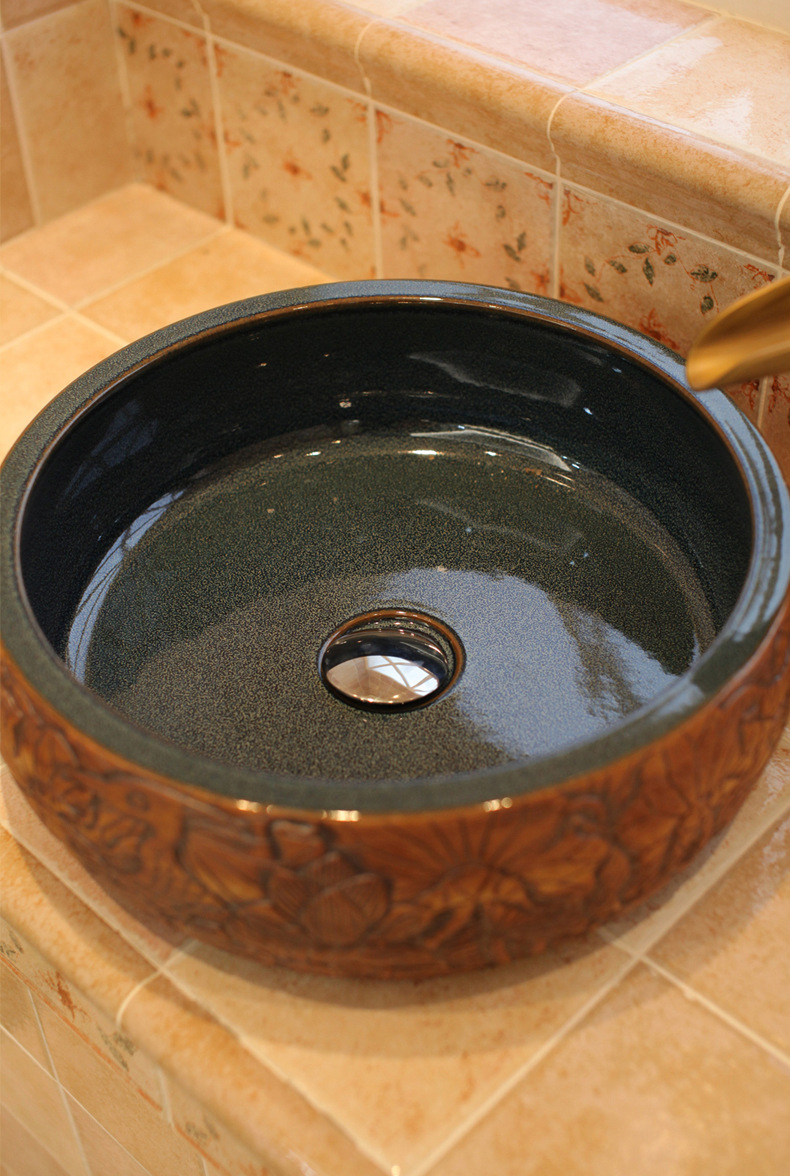 景德镇陶瓷仿古雕刻洗脸盆台上盆洗面盆洗手盆雕刻双鹭