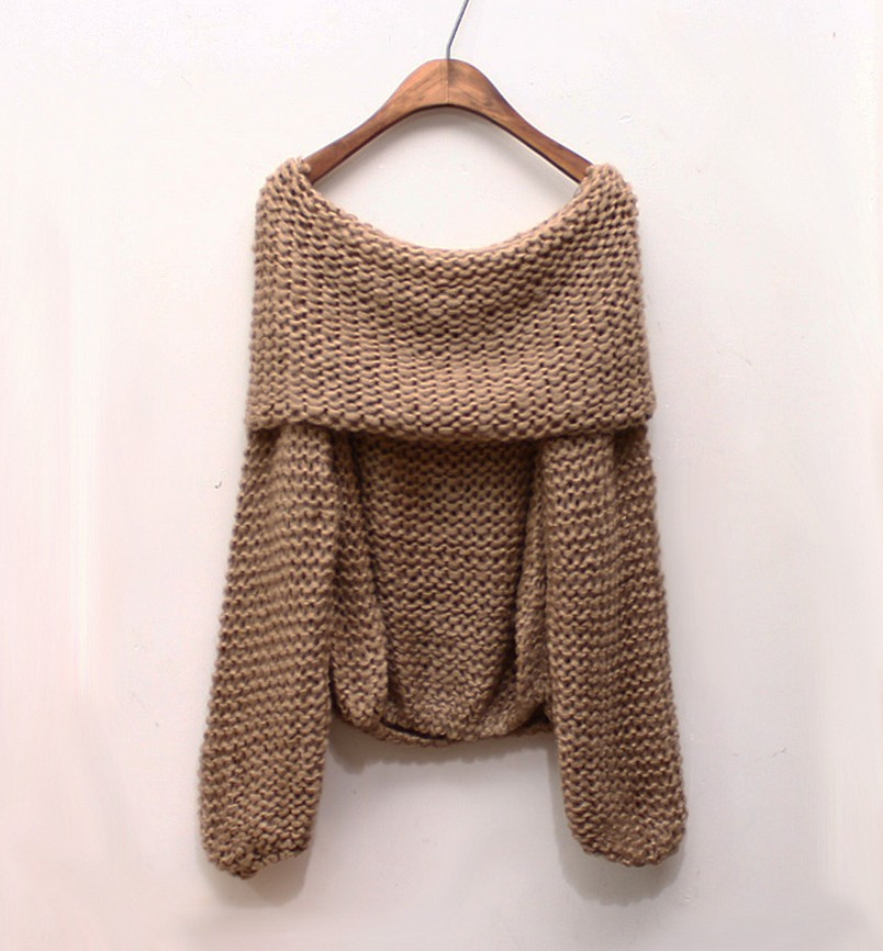 明星同款 秋新款韩版露肩一字领粗棒针宽松中长款纯色女套头毛衣