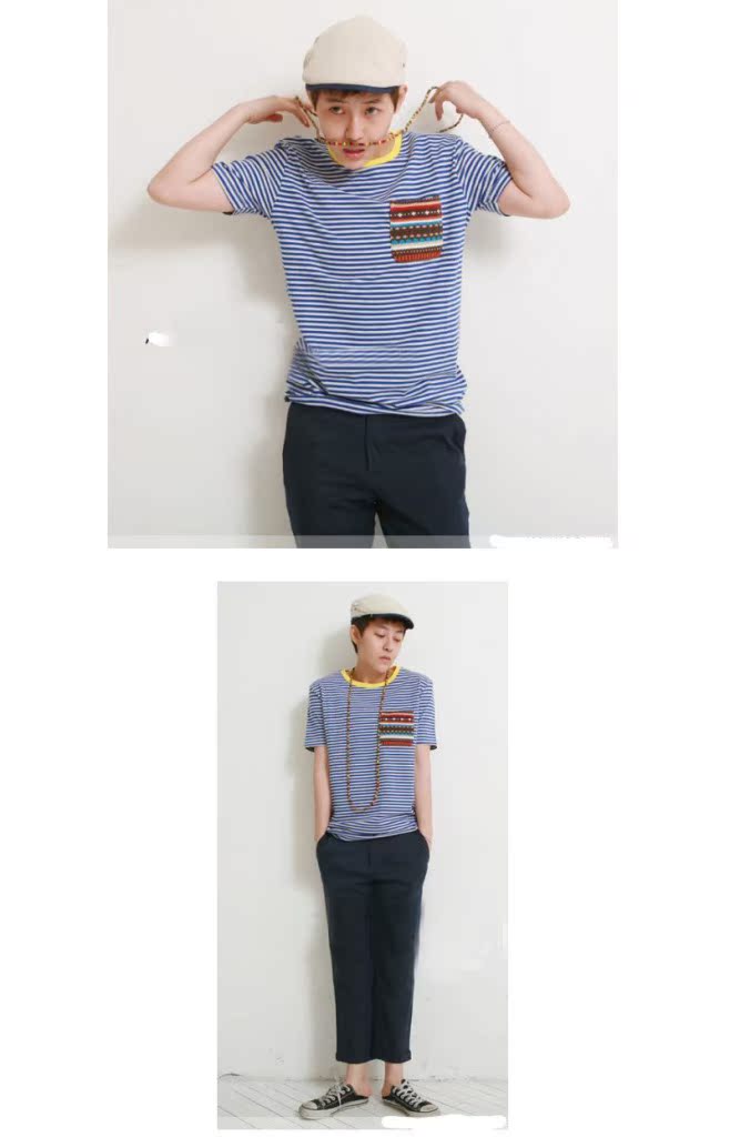 2013春装 民族风口袋 条纹黄领男装短袖t恤 韩版休闲时尚打底衫