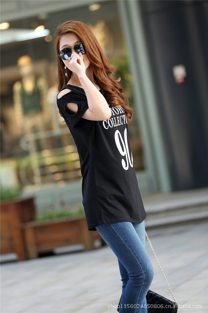 t恤 夏季新品韩版字母数字宽松大码露肩短袖t恤~女式短袖t恤a361