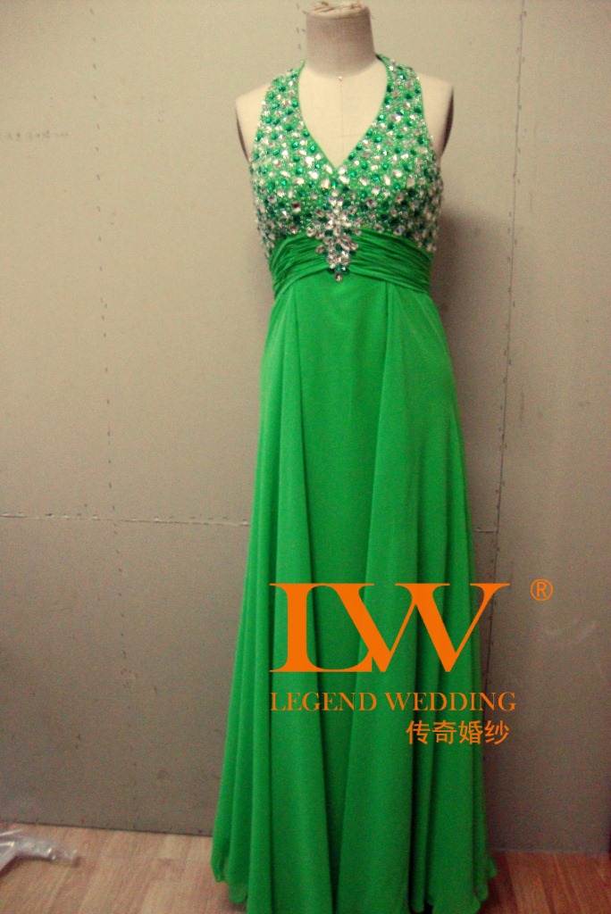 绿色双肩v领性感新娘晚礼服 敬酒服 主持人表演服