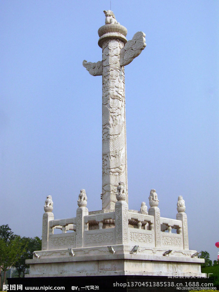 曲阳博文石雕 汉白玉石材文化柱 带浮雕白色纪念碑 华表雕刻