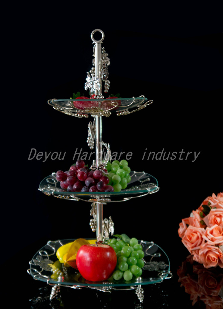 批发钢化玻璃水果盘 三层带柄 合金酒店酒吧ktv果盘 欧式果盘