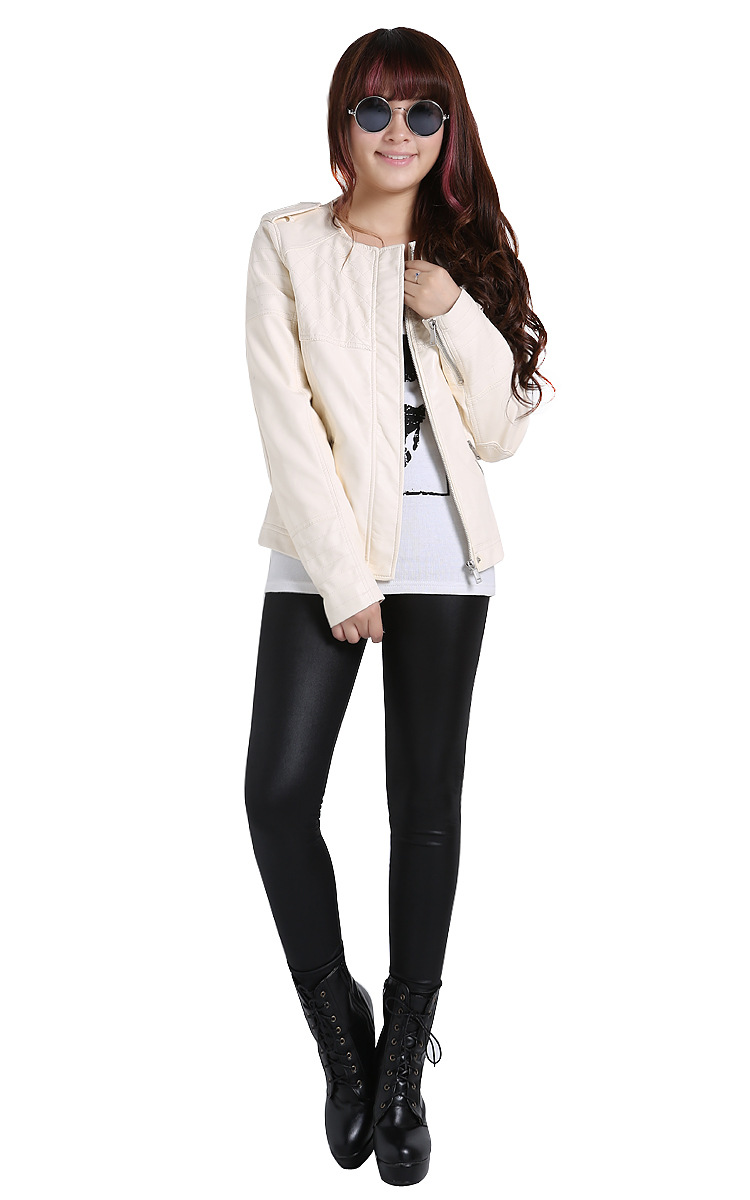 上海七浦路pu水洗皮衣女修身短款圆领肩章外套韩版白色夹克