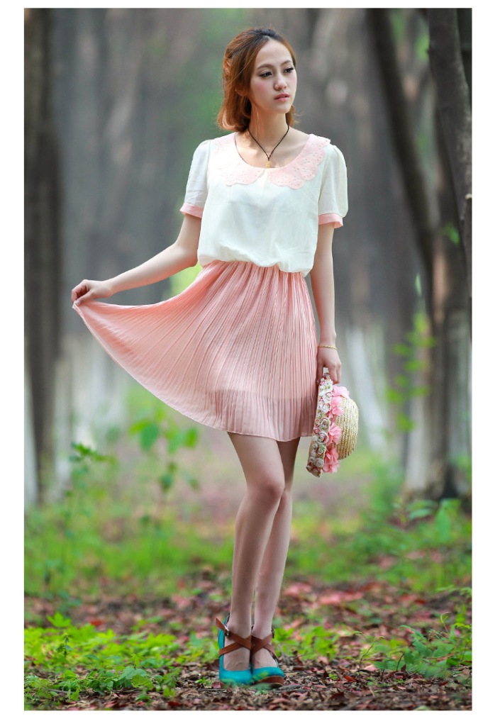 学院风夏季新款韩版娃娃领短袖少女雪纺连衣裙修身百褶短裙