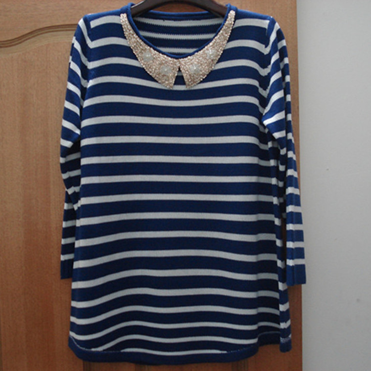 紫色缘 休闲夹条针织毛衣厂家直销