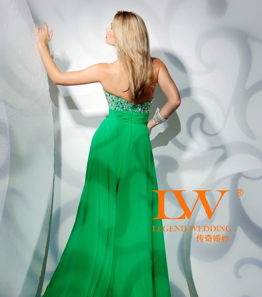 绿色双肩v领性感新娘晚礼服 敬酒服 主持人表演服
