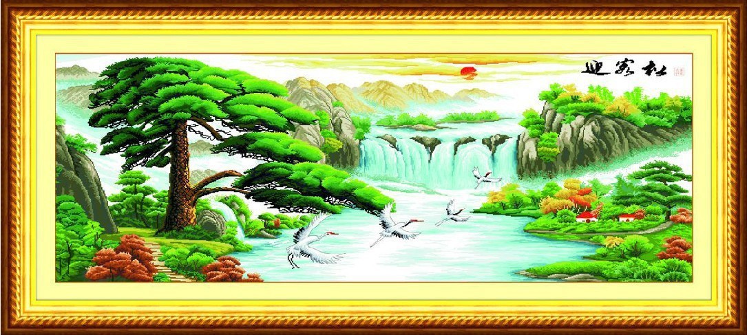 十字绣批发迎客松十字绣印花系列新款客厅鹤寿延年 图片_高清大图