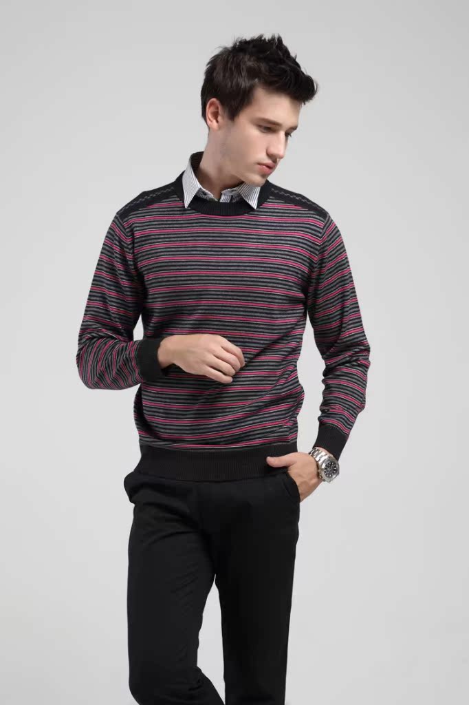 海澜之家正品男装 2013秋冬新款圆领拼色男长袖休闲毛衣羊毛衫男