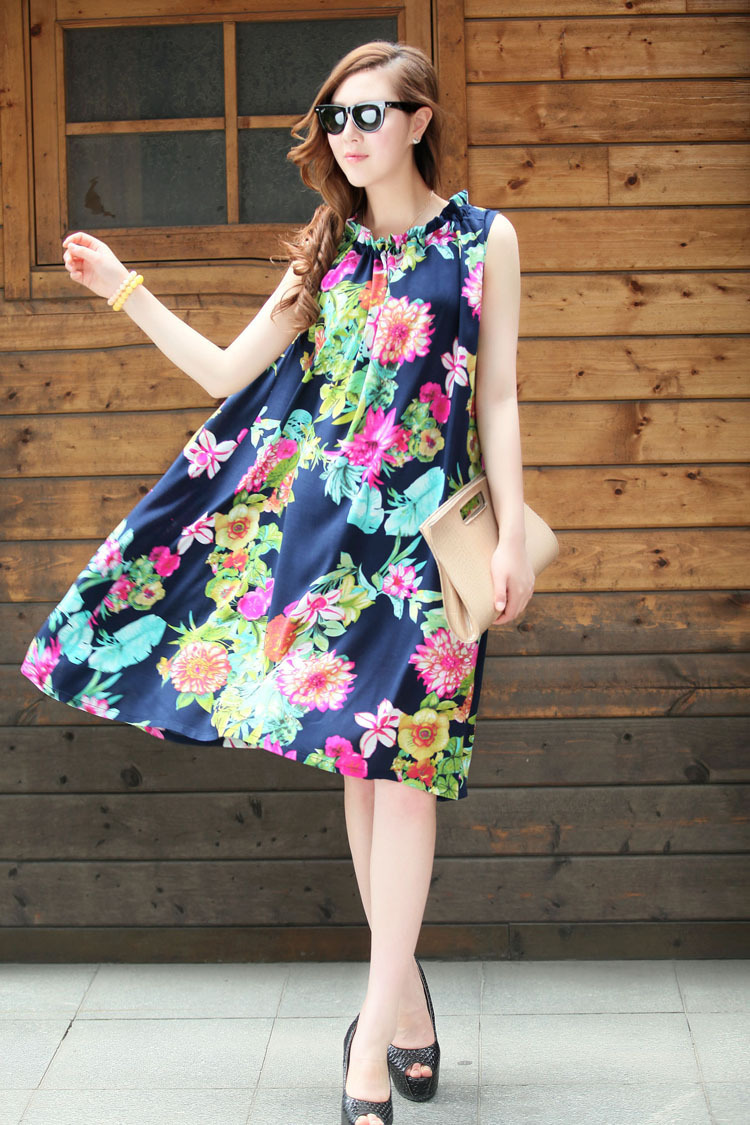 2013夏装新款 胖mm大码女装 无袖宽松大花 中长款均码连衣裙