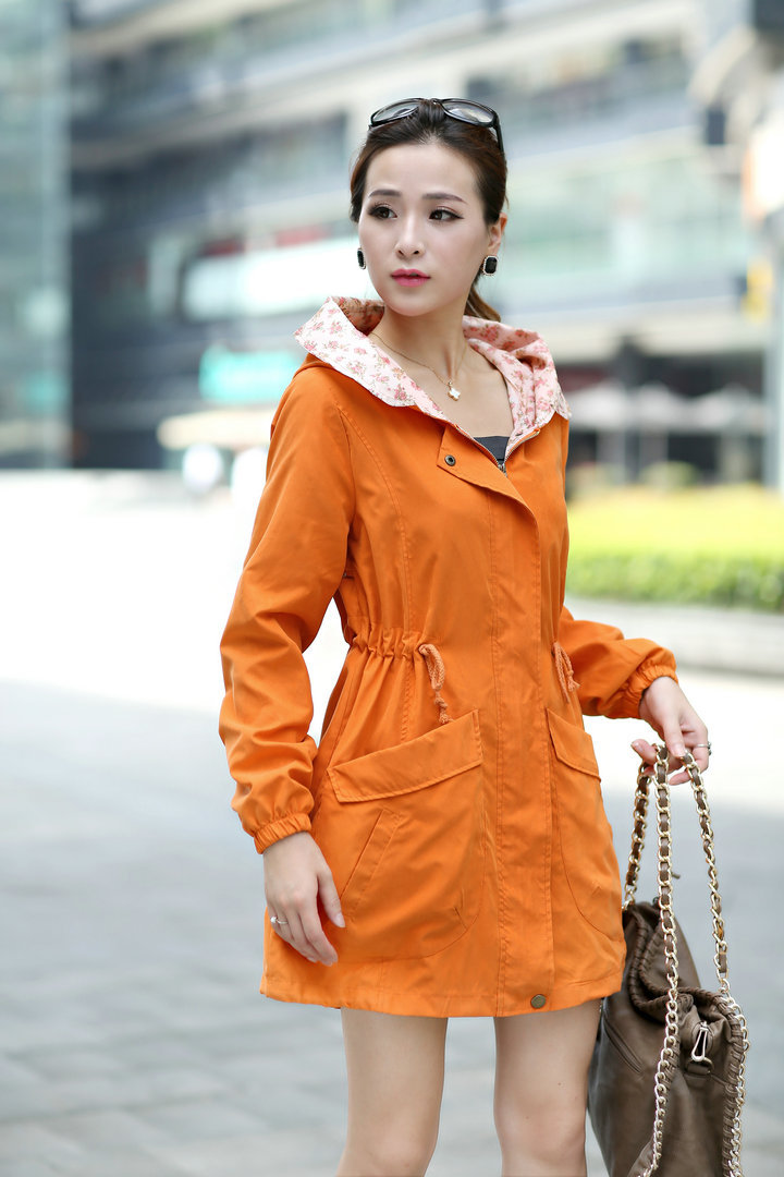 通勤连帽风衣外套韩版长袖修身中长款女装2013秋季纯色型精品桔色