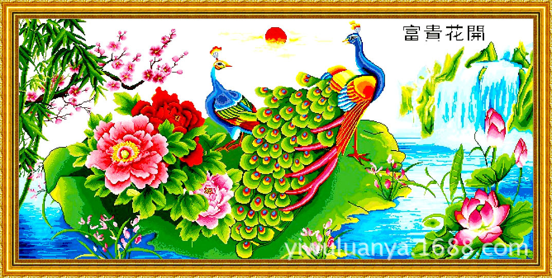 5d钻石画花开富贵 富贵花开(孔雀)客厅装饰壁画 风景钻石十字绣