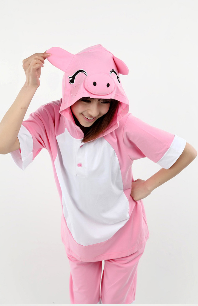 黑粉猪连体睡衣恐龙夏季卡通动物情侣家居服套装男女可爱大码