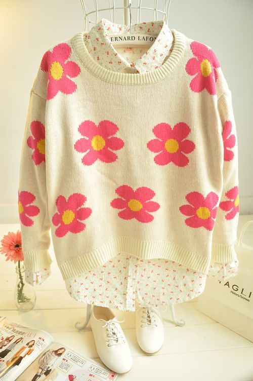 秋装女毛衣太阳花提花圆领套头女针织衫 宽松前短后长长袖毛衣