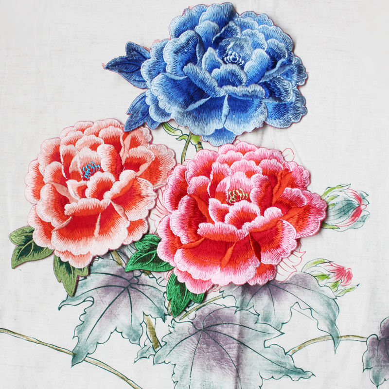 进口纱丝线刺绣牡丹绣 软绣片 绣花成品 补衣服服装改装
