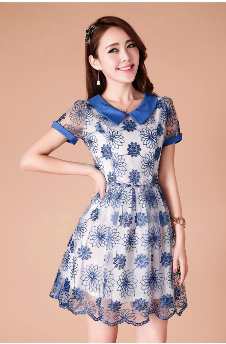 太阳花荷叶边蕾丝 韩版修身欧根纱刺绣连衣裙