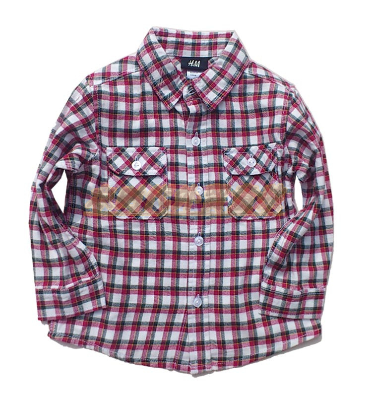 外贸童装 衬衫 hm全棉绒布格子翻领长袖衬衫