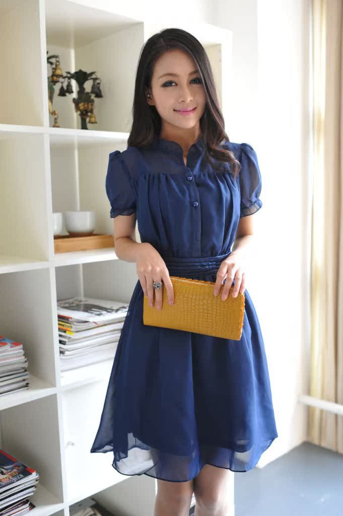 时尚衣舍 春夏新款 韩版女装 短袖荷叶边立领 束腰腰连衣裙75377