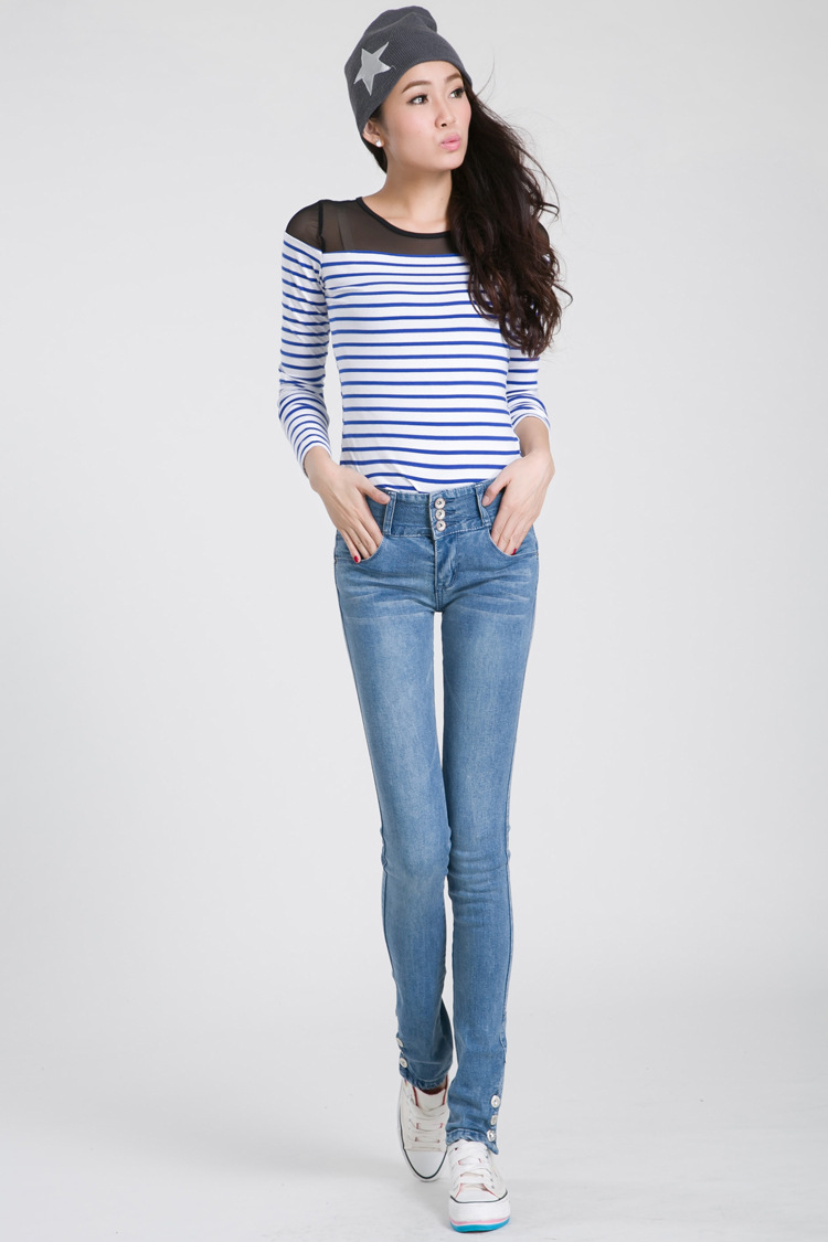 韩版女士中腰小脚牛仔裤 拉长腿部线条 水洗铅笔裤 显瘦时尚百搭