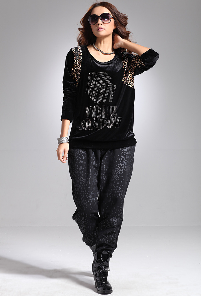 批发2013春秋新款 韩版圆领拼皮 豹纹个性字母大码女装石头鱼3105
