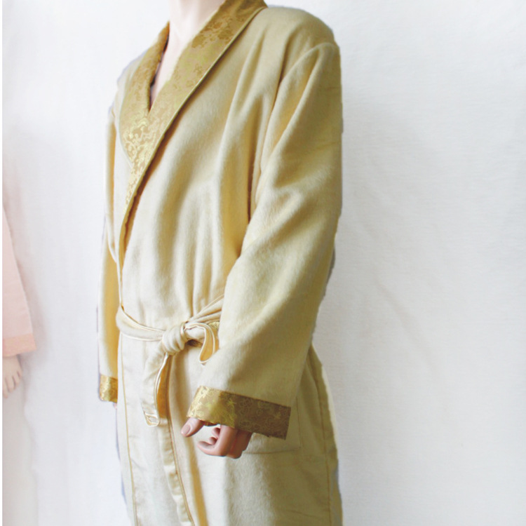 祥记蚕坊 男款真丝提花领蚕丝绒睡袍/蚕丝绒睡袍 男款 麦秆色