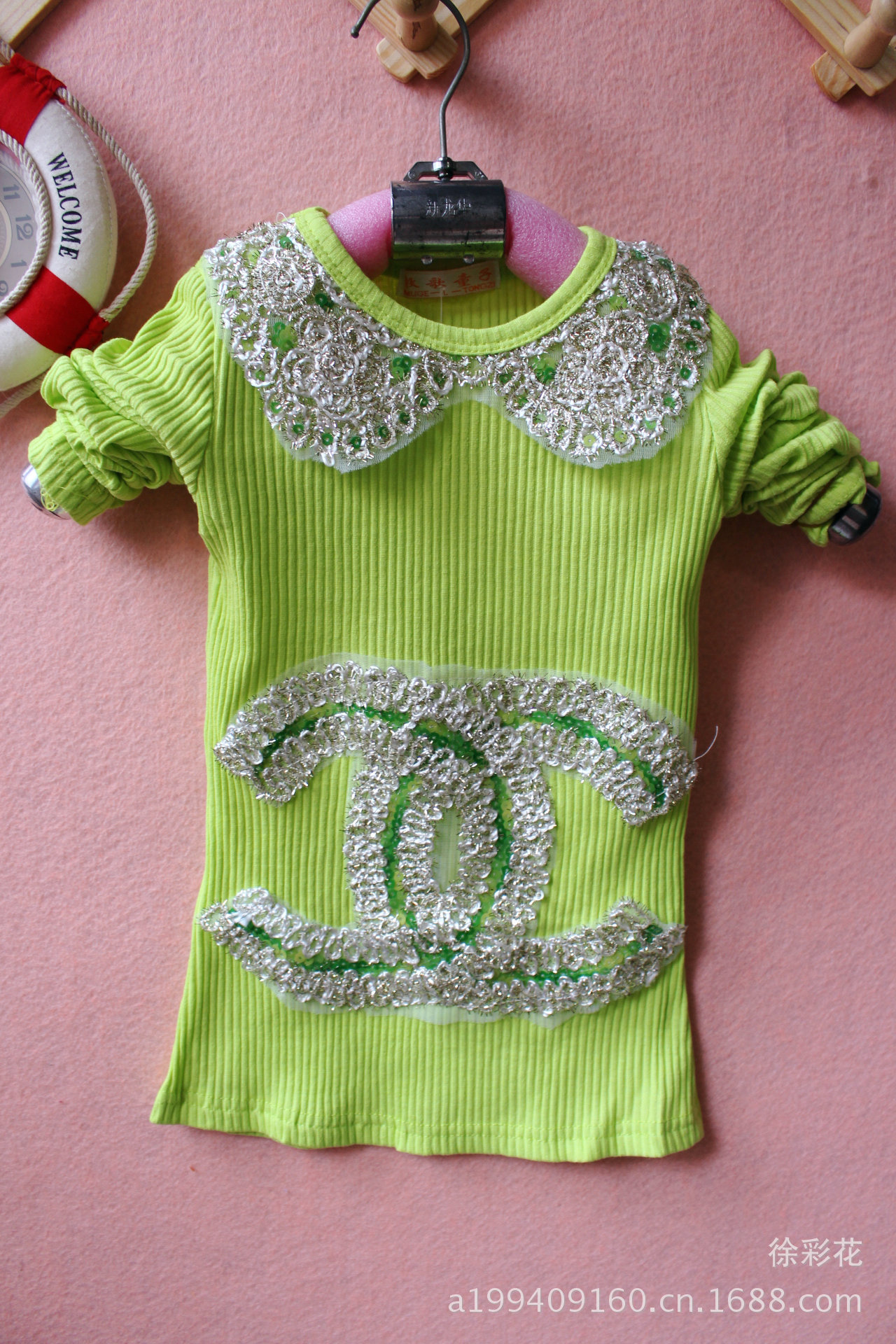 秋款儿童纯色打底衫 亮片绣花儿童针织衫 长袖t恤