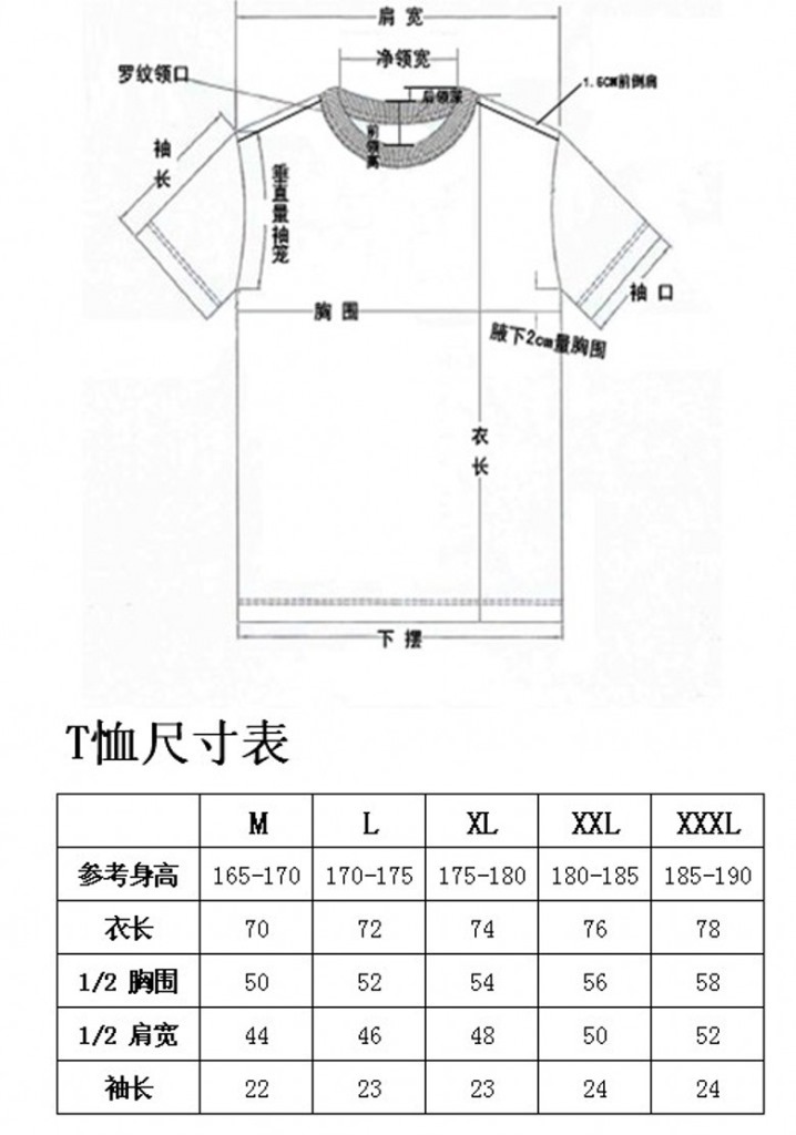 男装t恤尺寸表国际图片