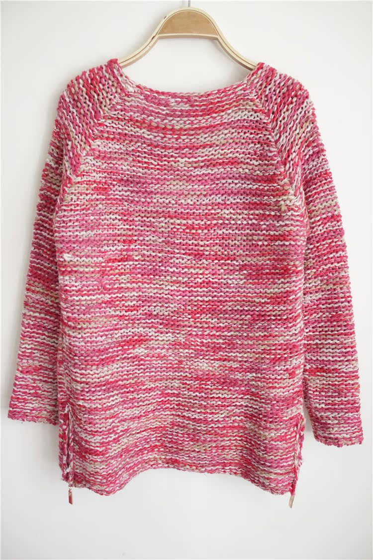 韩版秋冬新款手工编织复古花色套头毛衣前短后长拉链开叉针织衫女