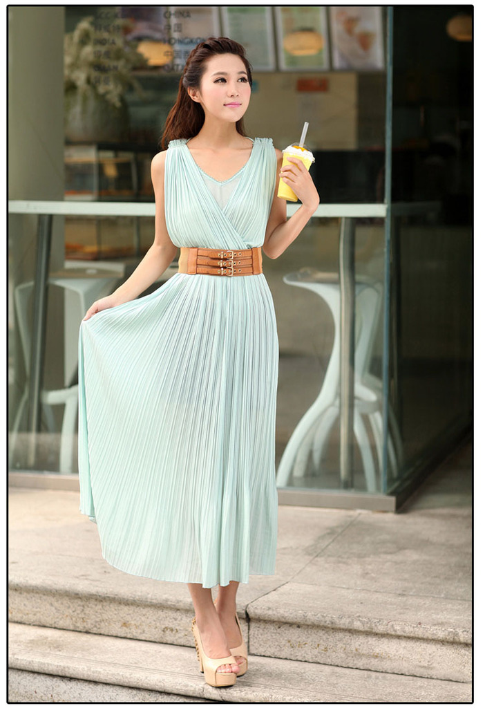2013新款夏装连衣裙雪纺波西米亚气质中长款裙子纯色裙送腰带3220