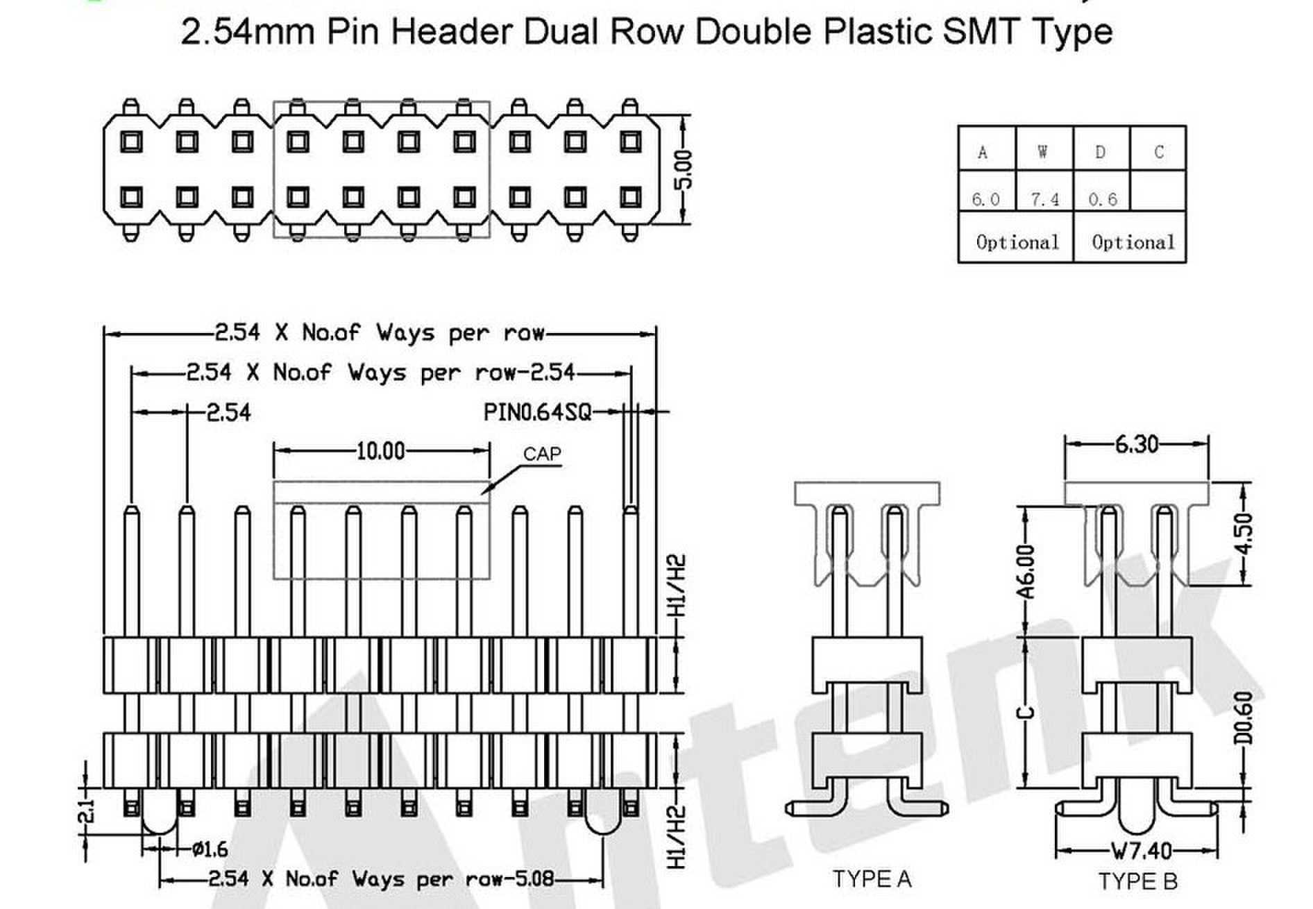 2.54mm四方针排针 塑高2.0mm 双排双塑排针