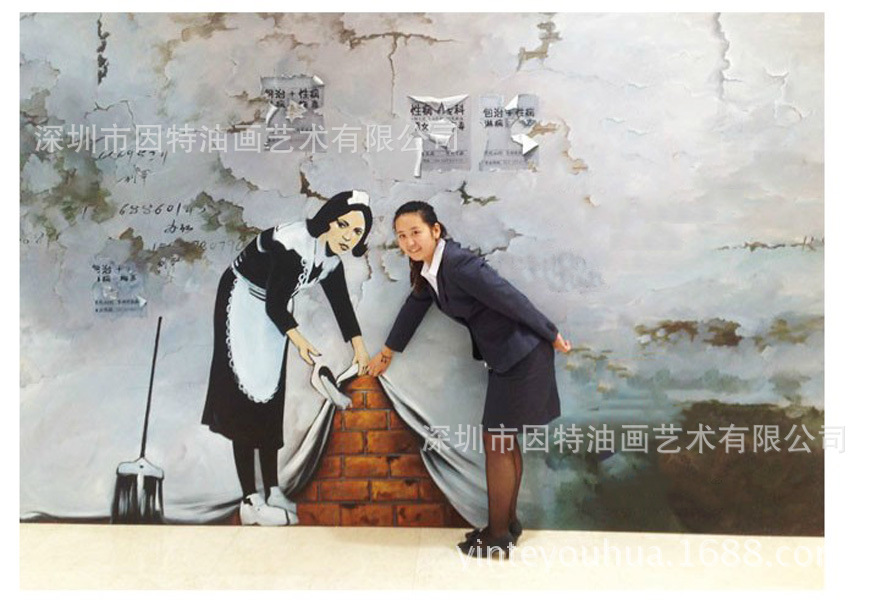 超写实3d立体油画家居酒店客厅逼真3d人物立体画丙烯油画壁画墙画