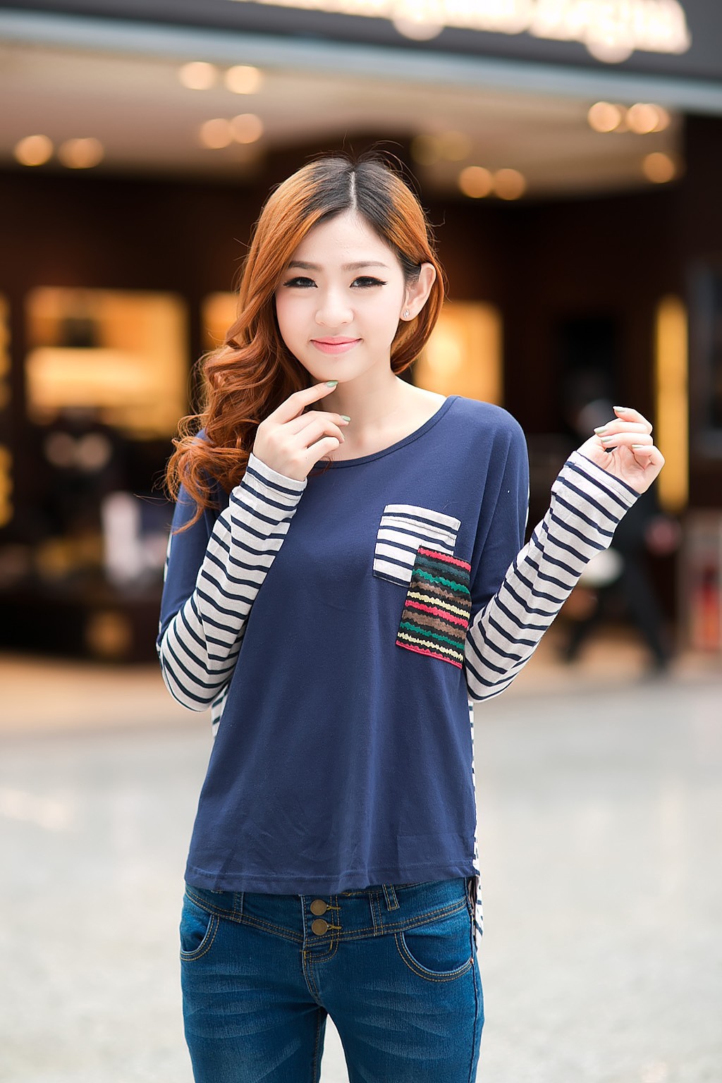 韩国2013秋装新款女装韩版拼接条纹宽松长袖t恤批发