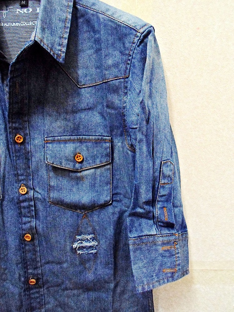 2013初秋新款中袖牛仔破洞衬衫 7303