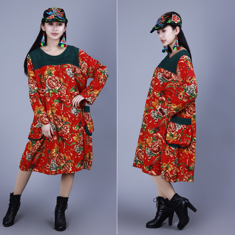 传说之翼 原创民族风秋装拼布圆领被面花长袖打底衫 连衣裙 c335