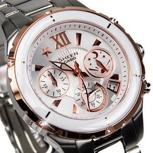 卡西欧陶瓷休闲商务高贵钢带防水石英黑白女手表she-5512-5513dv