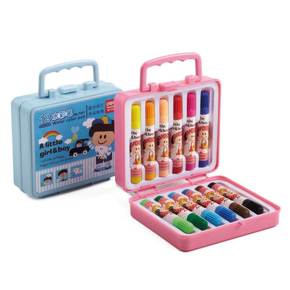 得力7051水彩笔套装12色 学生礼盒手提塑盒绘画笔 健康无味