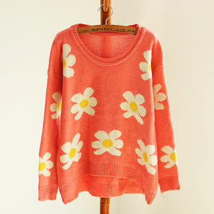 秋季新款女装3990日系甜美风花朵图案粗棒针套头针织毛衣