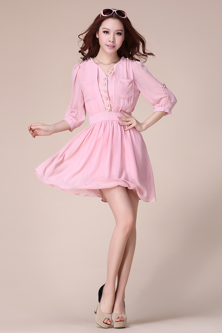 春装新品韩版时尚v领中袖雪纺连衣裙 高档女装免费代理加盟 代销