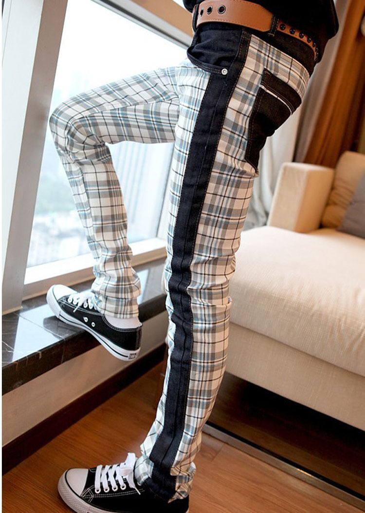 一件代发 2013年新款男士苏格兰风情牛仔拼接格子长裤