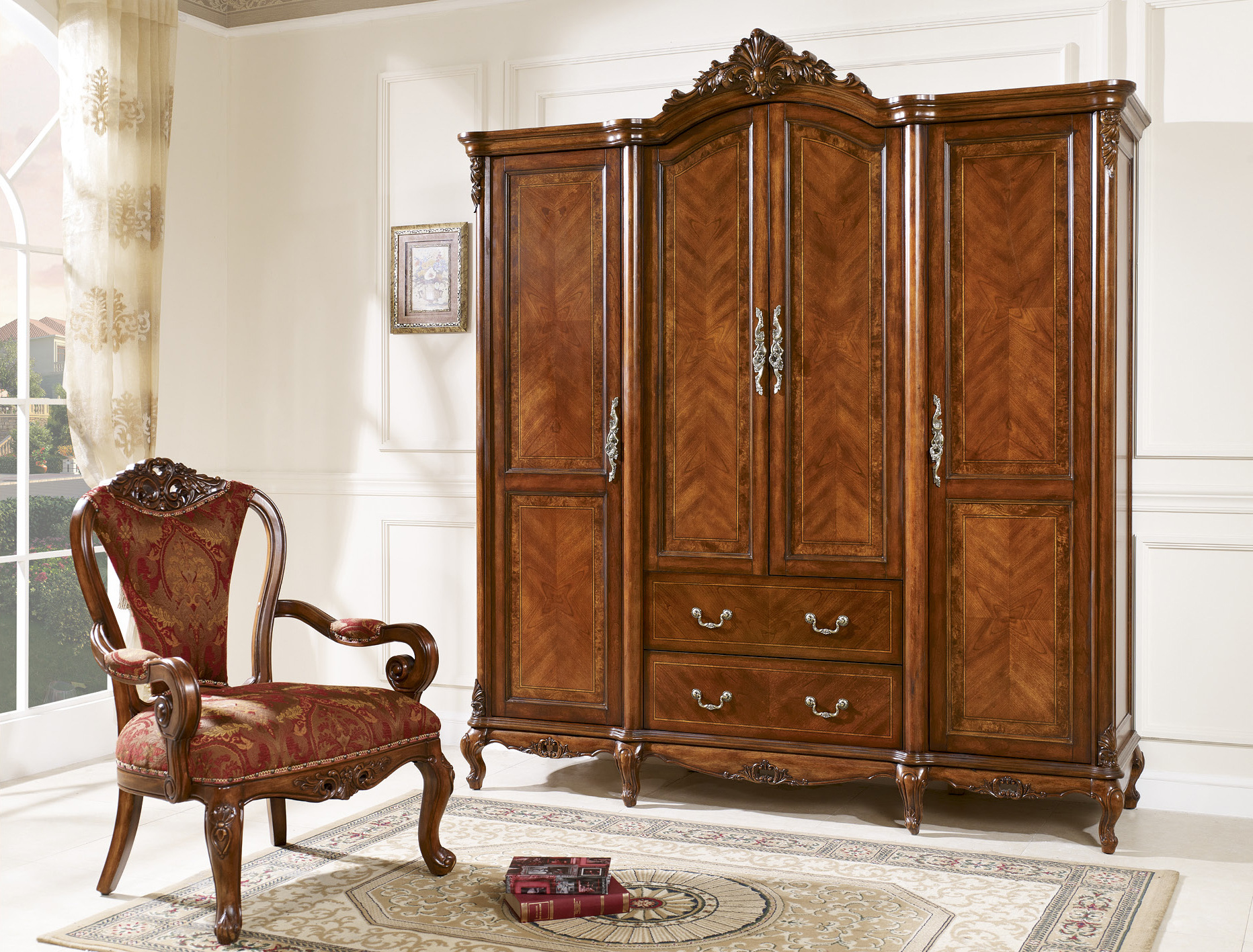 佛山乔治家具实木衣柜 欧美四门衣柜 欧美古典ns-9813a四门衣柜