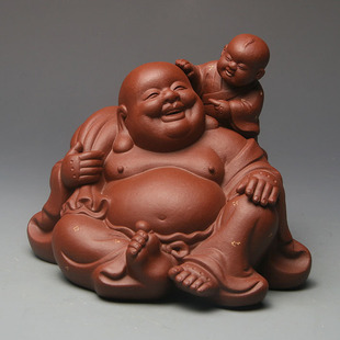 紫砂杂件摆件茶宠茶玩/ 陈祖勇雕塑 童子戏佛/ 喜子弥勒