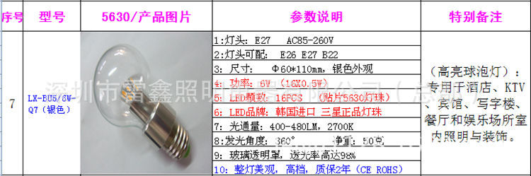 LED球泡灯 6W球泡灯 360度球泡