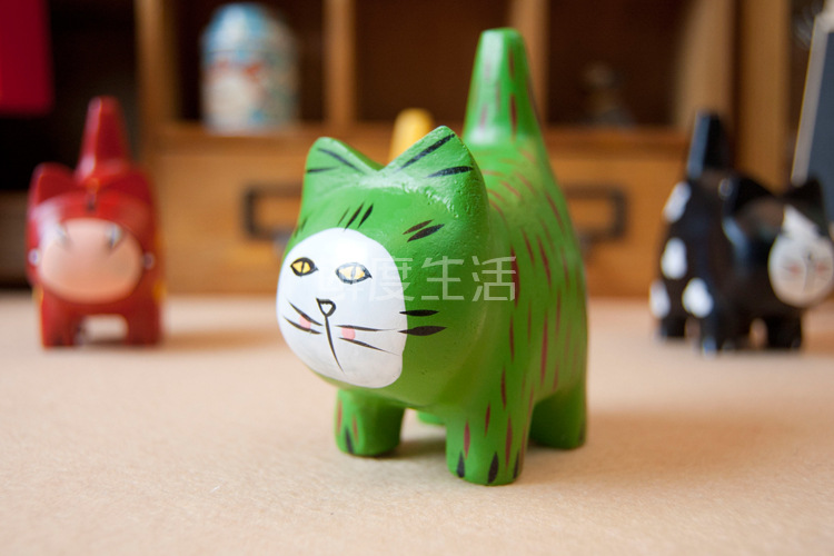 zakka杂货 巴厘岛原木手工雕刻四色猫摆件 民族风创意家居装饰品