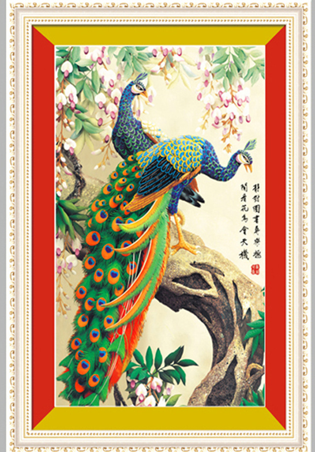 3d立体精准印花丝线十字绣批发 厂家直销 竖版花开富贵牡丹孔雀图