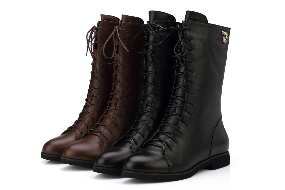 13年格林菲尔秋冬新品头层牛皮防滑平底虎头女中靴马丁靴机车靴子