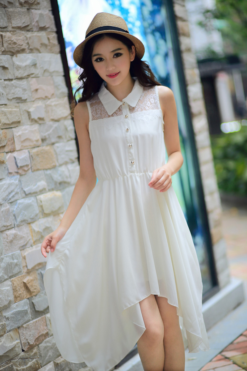 直销 韩版女装连衣裙夏季新款无袖蕾丝翻领雪纺修身飘逸连身裙