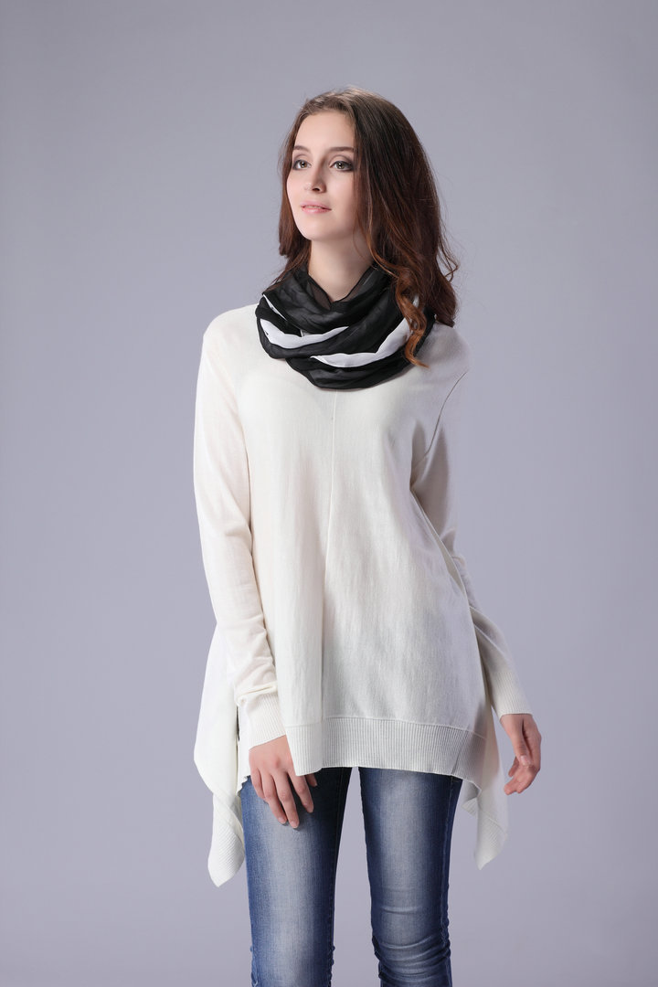 sikya 欧美秋季时尚高端v字领针织衫 中长款下摆条纹毛衣 批发