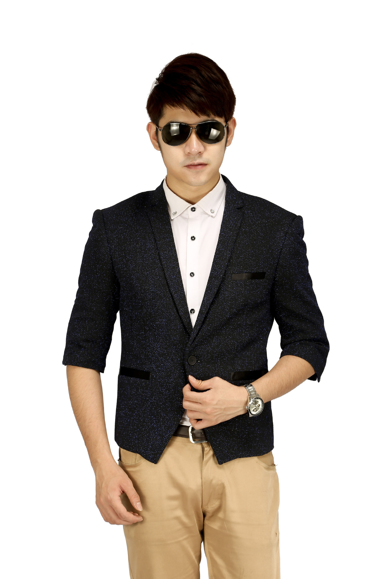 厂家批发优质男舞台服 闪亮面料 韩板修身 七分袖小西装加工定做