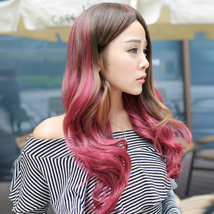 时尚假发女长卷发彩色挑染酒红色多色挑染cos动漫假发厂家直销